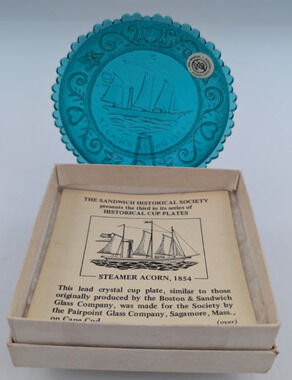 Steamer Acorn Ship Boat Pairpoint Cup Plate Teal Glass Window Decor Vintage